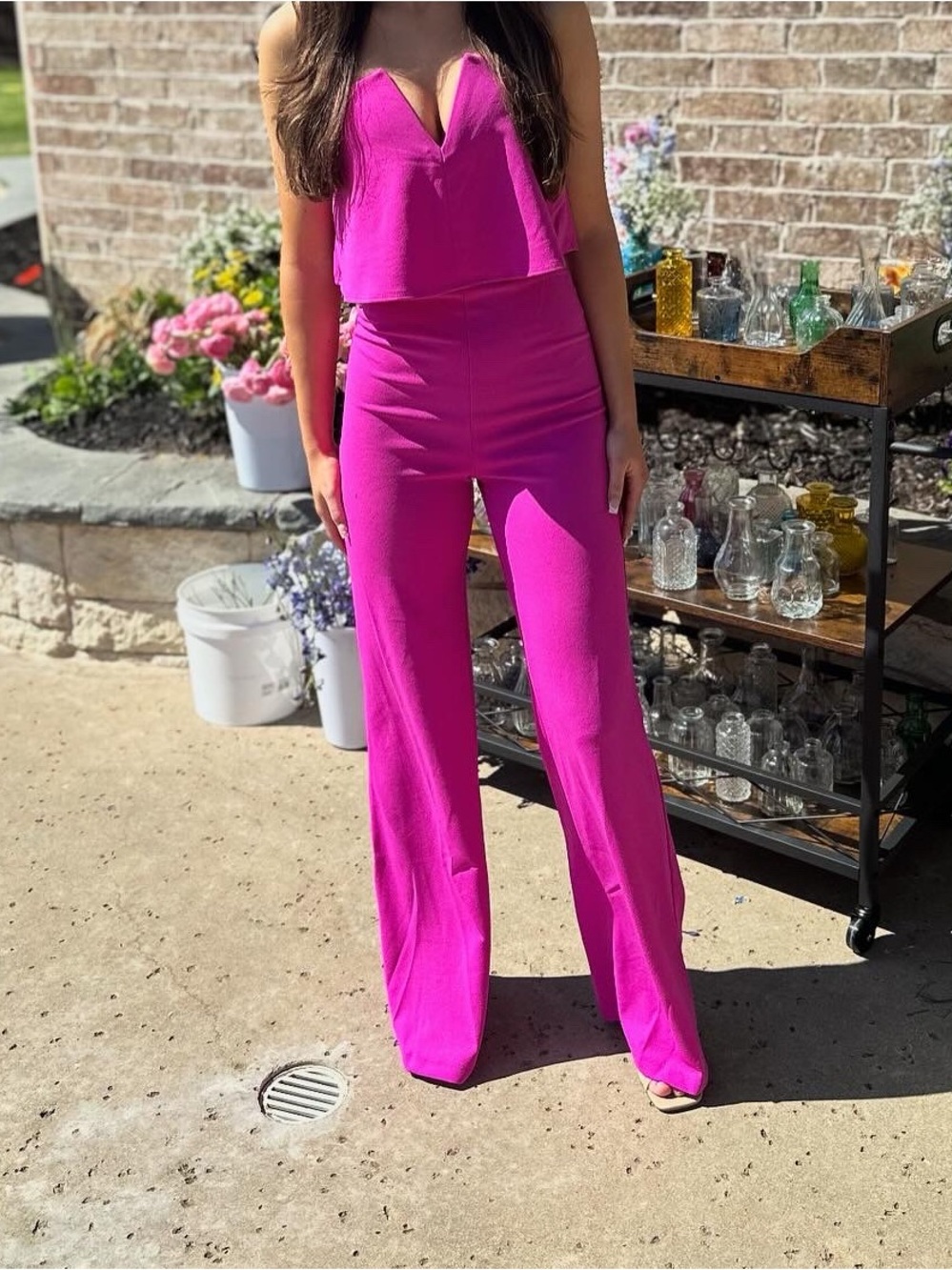 Lulu's Strapless Ruffle Wide-Leg Jumpsuit in Hot Pink